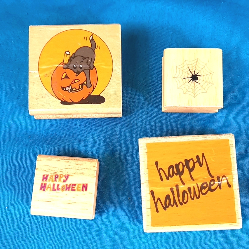 Halloween Rubber Stamp Bundle lot of 4 Stamps Spider Pumpkin Cat Happy Halloween